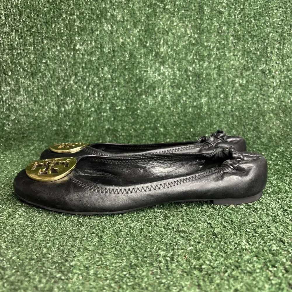 Tory Burch Women's 8 M Black Leather Ballet‎ Flats Round Toe Slip On Logo Accent